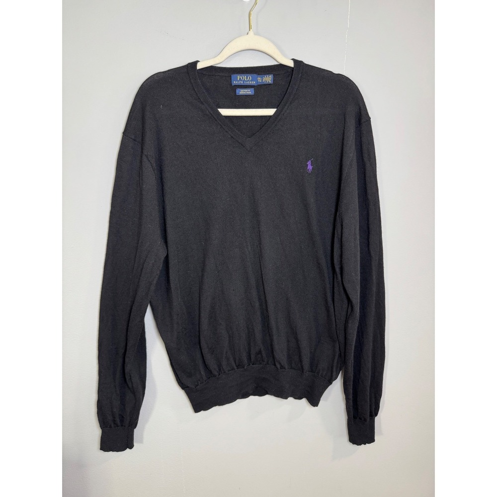 Polo Ralph Lauren Merino Wool V Neck Sweater Mens XXL Black Purple Pony